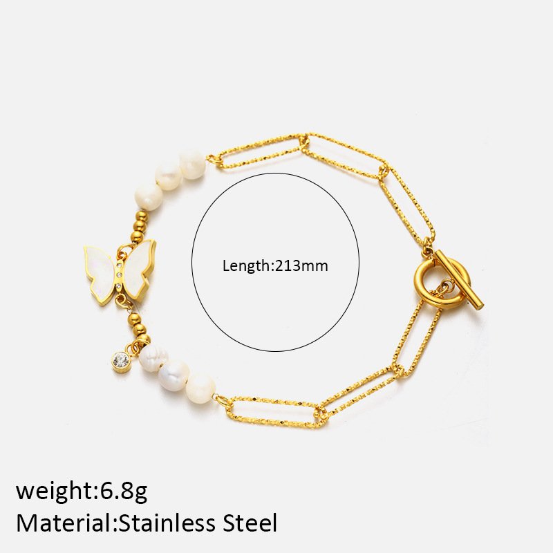 14K Gold-Plated Butterfly Pearl Hammered Paperclip Stainless Steel Bracelet