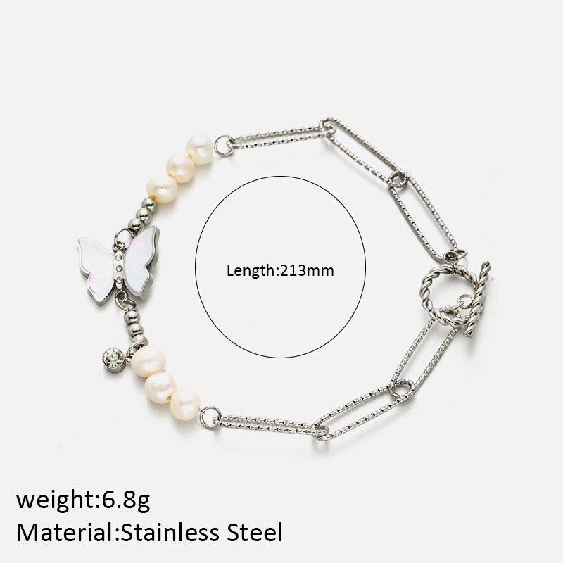 14K Gold-Plated Butterfly Pearl Hammered Paperclip Stainless Steel Bracelet