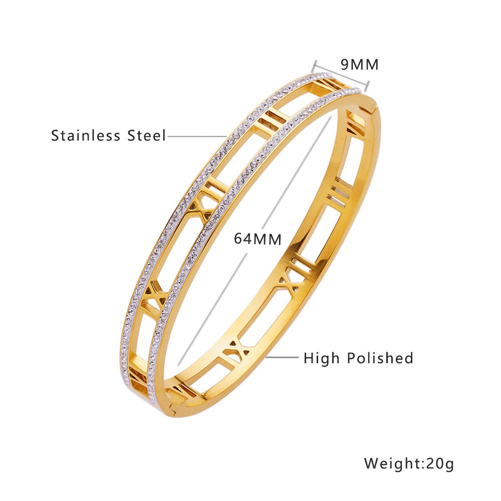 Roman Numerals Titanium Steel Bangle with Double Row Zirconia Crystals Men Size