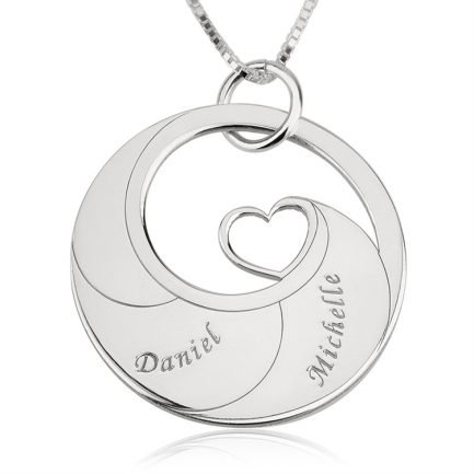 2-6 Name Custom Necklace Round Pendant with Heart 925 Silver - 2 names