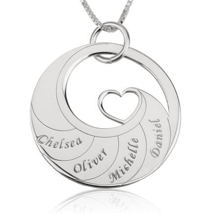2-6 Name Custom Necklace Round Pendant with Heart 925 Silver - 4 names