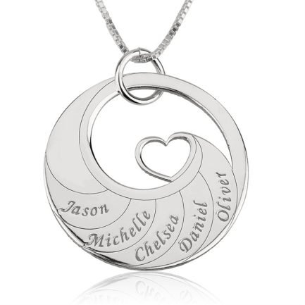 2-6 Name Custom Necklace Round Pendant with Heart 925 Silver - 5 names