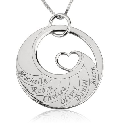 2-6 Name Custom Necklace Round Pendant with Heart 925 Silver - 6 names