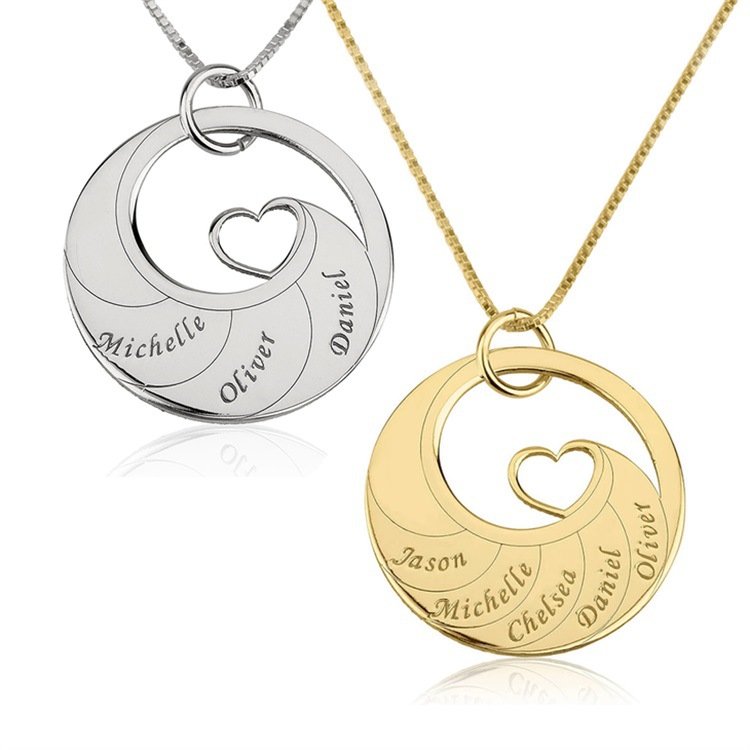 2-6 Name Custom Necklace Round Pendant with Heart 925 Silver - silver and gold