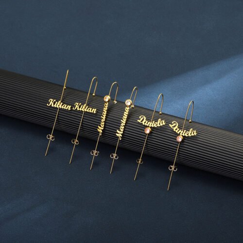 Signature Name Bar Earrings – Personalized Straight Stick Design with Birthday Stone Accent