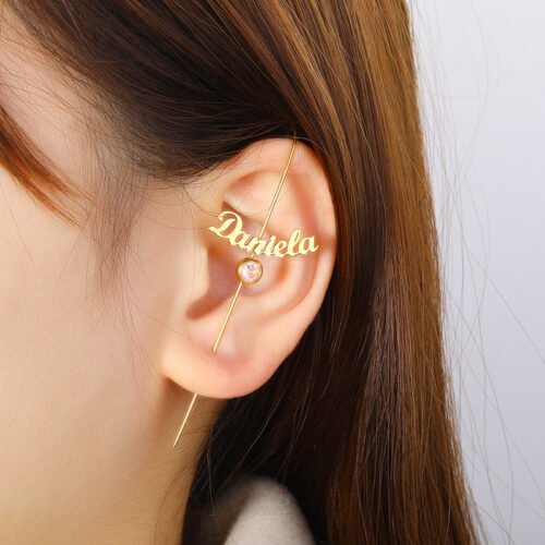 Signature Name Bar Earrings – Personalized Straight Stick Design with Birthday Stone Accent