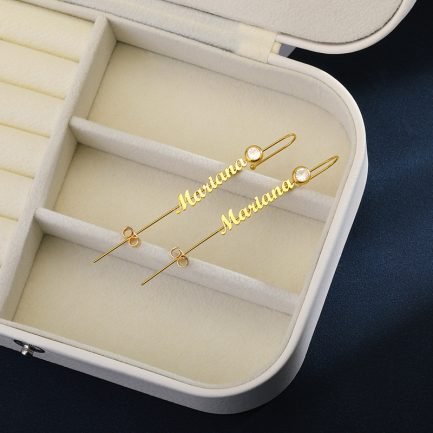 Signature Name Bar Earrings - Personalized Straight Stick Design with Birthday Stone Accent – Bild 7