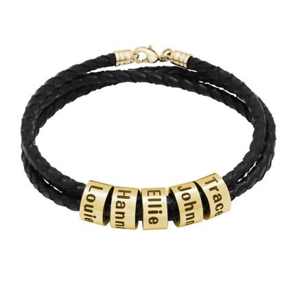 Custom Engraved Name Bead Bracelet for Men - Black Leather Gold Beads