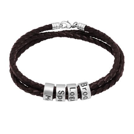 Custom Engraved Name Bead Bracelet for Men - Brown Leather Silver Beads