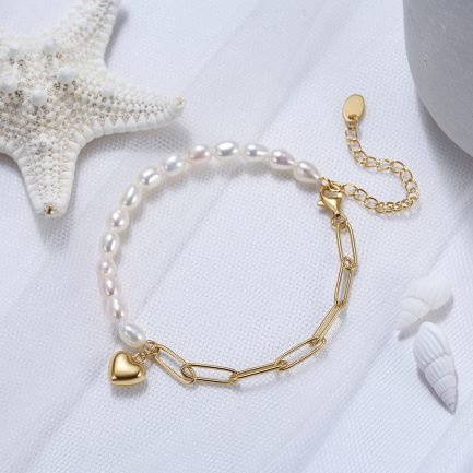 Paperclip Script 925 Sterling Silver Freshwater Pearl Bracelet w a Heart Pendant