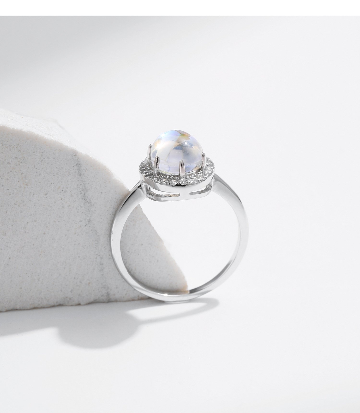 Sterling Silver Moonstone Halo-style Zircon Ring