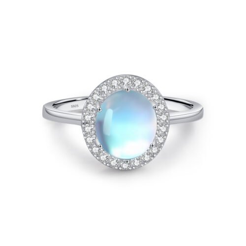 Sterling Silver Moonstone Halo-style Zircon Ring