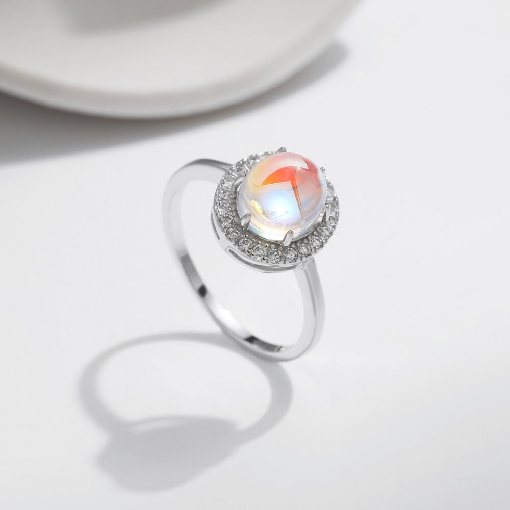 Sterling Silver Moonstone Halo-style Zircon Ring - Close Look