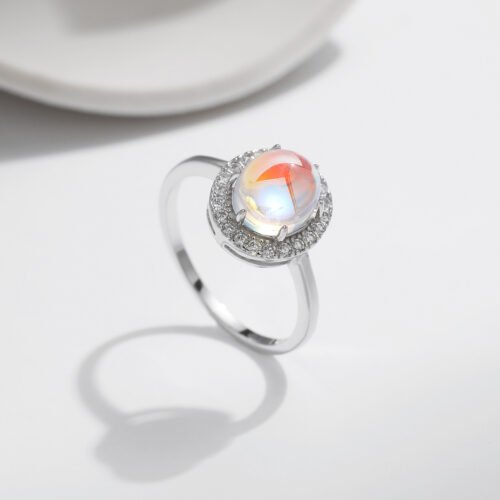 Sterling Silver Moonstone Halo-style Zircon Ring