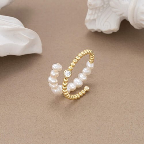 14k Gold Plated Sterling Silver Pearl and Diamond Ring