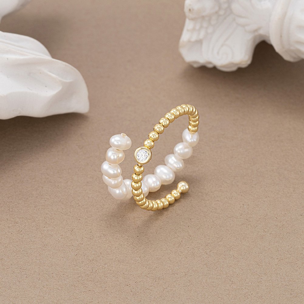 14k Gold Plated Sterling Silver Pearl and Diamond Ring