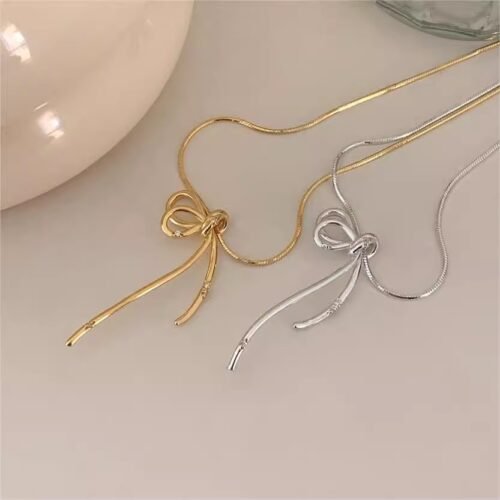 925 Sterling Silver Delicate Bow Pendant Necklace with Cubic Zirconia