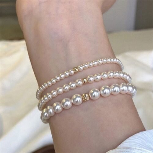 S925 Sterling Silver 14K Gold-Plated Elastic Pearl Bead Bracelet