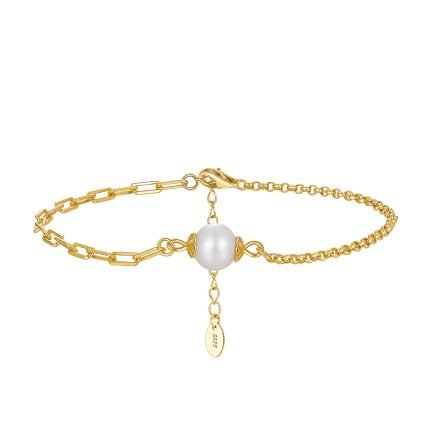 S925 Sterling Silver 14k Gold Plated Freshwater Pearl French Paperclip Chain Bracelet
