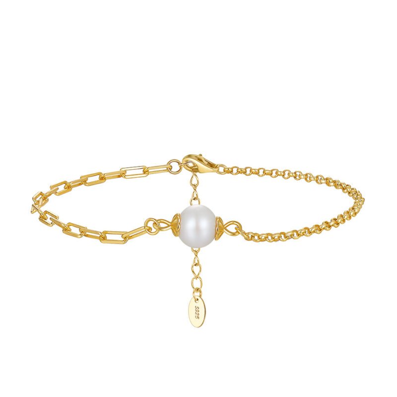S925 Sterling Silver 14k Gold Plated Freshwater Pearl French Paperclip Chain Bracelet