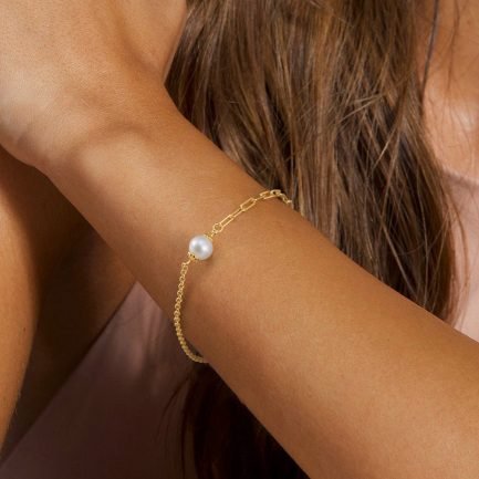 S925 Sterling Silver 14k Gold Plated Freshwater Pearl French Paperclip Chain Bracelet