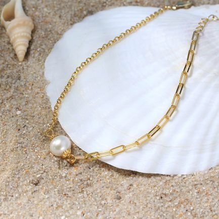 S925 Sterling Silver 14k Gold Plated Freshwater Pearl French Paperclip Chain BraceletS925 Sterling Silver 14k Gold Plated Freshwater Pearl French Paperclip Chain Bracelet
