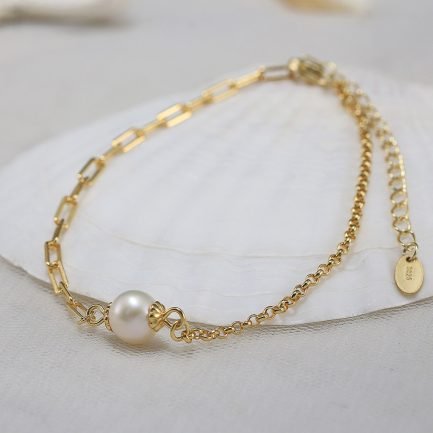 S925 Sterling Silver 14k Gold Plated Freshwater Pearl French Paperclip Chain Bracelet