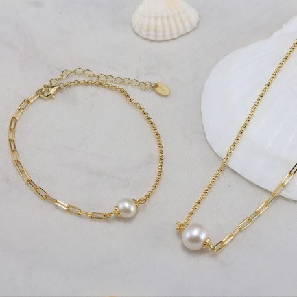 S925 Sterling Silver 14k Gold Plated Freshwater Pearl French Paperclip Chain Necklace