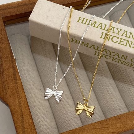 S925 Sterling Silver Bow Knot Necklace Sweet Choker