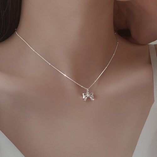 S925 Sterling Silver Bow Knot Necklace Sweet Choker