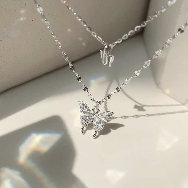 S925 Sterling Silver Double Layer Butterfly Necklace Choker