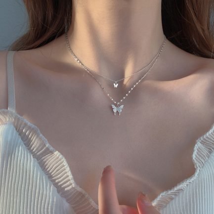 S925 Sterling Silver Double Layer Butterfly Necklace Choker