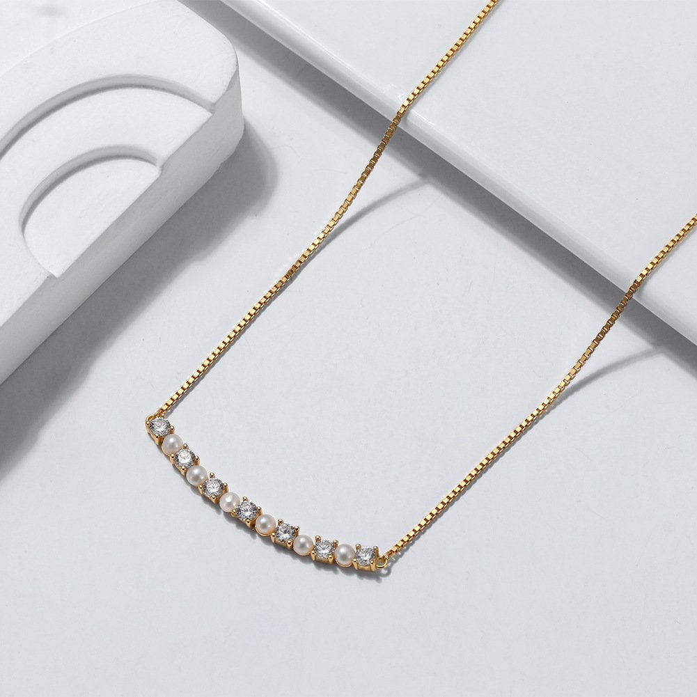 S925 Sterling Silver Smiling Necklace with Zirconia and Natural Pearl Clavicle Chain