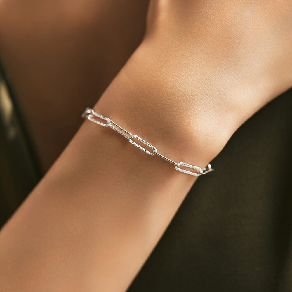 Shimmering Sterling Silver Hammered Paperclip Bracelet