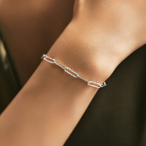 Shimmering Sterling Silver Hammered Paperclip Bracelet