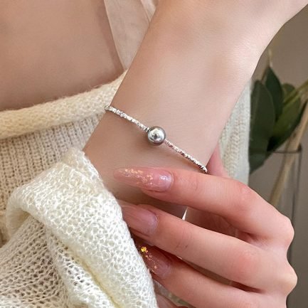 Sterling Silver Beads Bracelet with Pearl Pendant