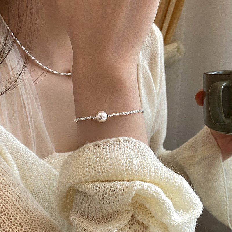 Sterling Silver Beads Bracelet with Pearl Pendant