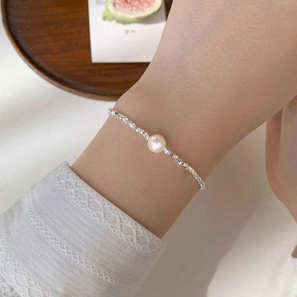 Sterling Silver Beads Bracelet with Pearl Pendant