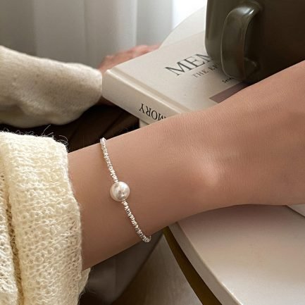 Sterling Silver Beads Bracelet with Pearl Pendant