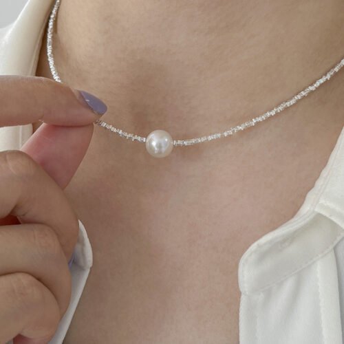 Sterling Silver Beads Necklace with Pearl Pendant