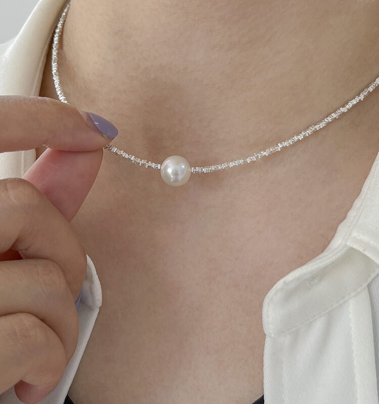 Sterling Silver Beads Necklace with Pearl Pendant