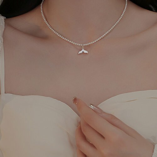 Sterling Silver Swarovski Pearl Necklace with Fishtail Pendant