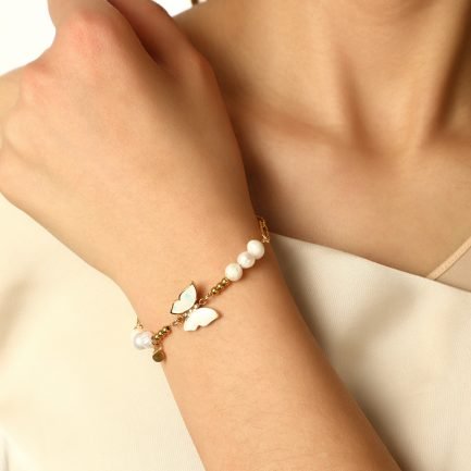14K Gold-Plated Butterfly Pearl Hammered Paperclip Stainless Steel Bracelet
