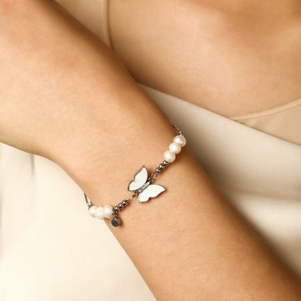 14K Gold-Plated Butterfly Pearl Hammered Paperclip Stainless Steel Bracelet