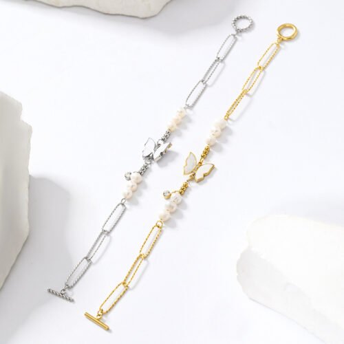 14K Gold-Plated Butterfly Pearl Hammered Paperclip Stainless Steel Bracelet