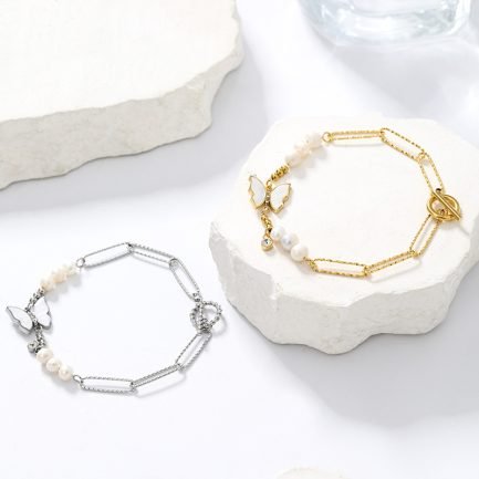14K Gold-Plated Butterfly Pearl Hammered Paperclip Stainless Steel Bracelet
