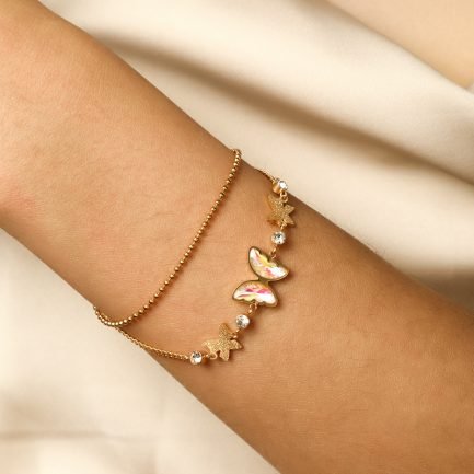 14K Gold-Plated Double-Layer Butterfly and Zircon Pendant Stainless Steel Bracelet