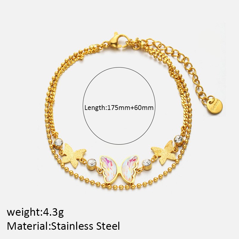 14K Gold-Plated Double-Layer Butterfly and Zircon Pendant Stainless Steel Bracelet-size