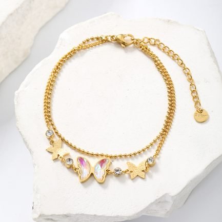 14K Gold-Plated Double-Layer Butterfly and Zircon Pendant Stainless Steel Bracelet