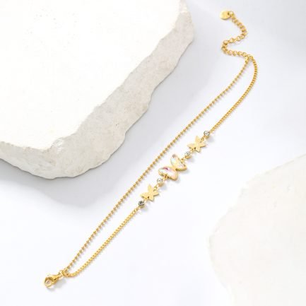 14K Gold-Plated Double-Layer Butterfly and Zircon Pendant Stainless Steel Bracelet